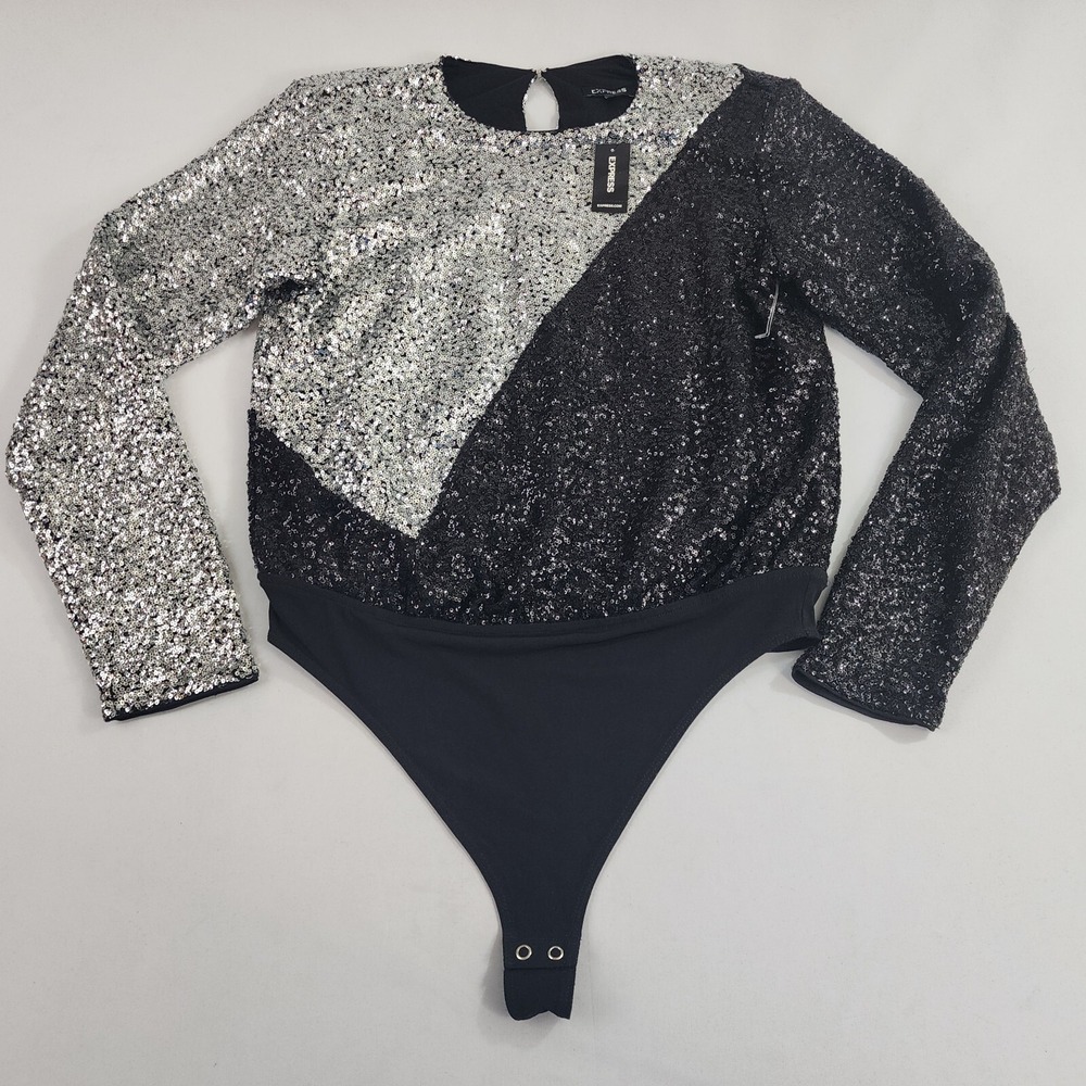 Express women body suit shirt 08658704 0058 30326767 black silver M $148